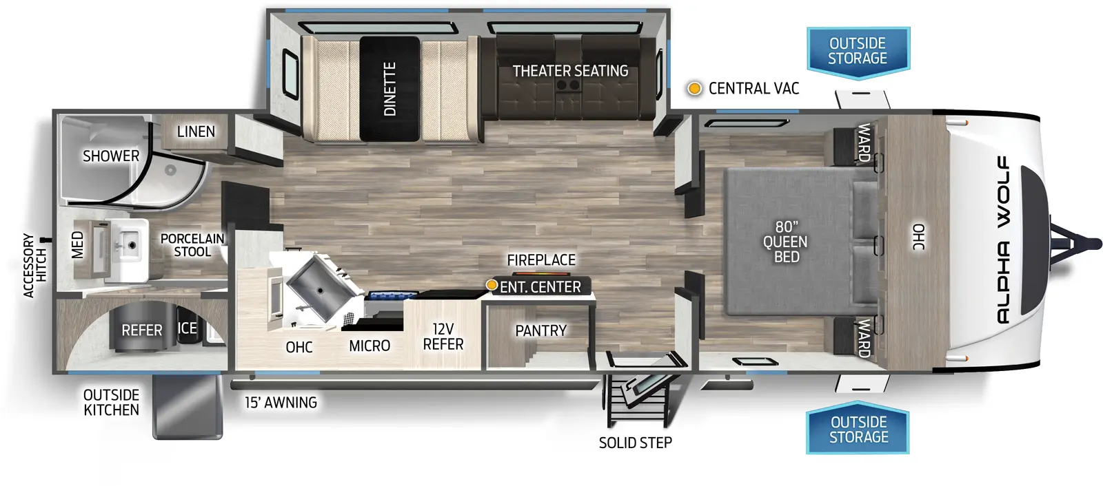 The 25RB has one slideout and one entry. Exterior features outside storage, solid step entry, 15 foot awning, outside kitchen with ice maker and refrigerator, and rear accessory hitch. Interior layout front to back: foot-facing queen bed with overhead cabinet and wardrobes on each side; off-door side slideout with theater seating and dinette; door side entry, pantry, entertainment center with fireplace below, 12 volt refrigerator, kitchen counter with cooktop, overhead cabinet with microwave wraps to inner wall with sink; rear full bathroom with linen closet, medicine cabinet, and porcelain stool.